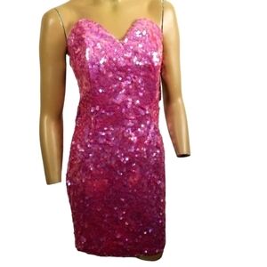 Modi NWT Strapless Mini Dress All Over Heavily Sequin Hot Pink Sweetheart Large